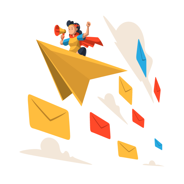 Superhero flying on paper plane among envelopes.