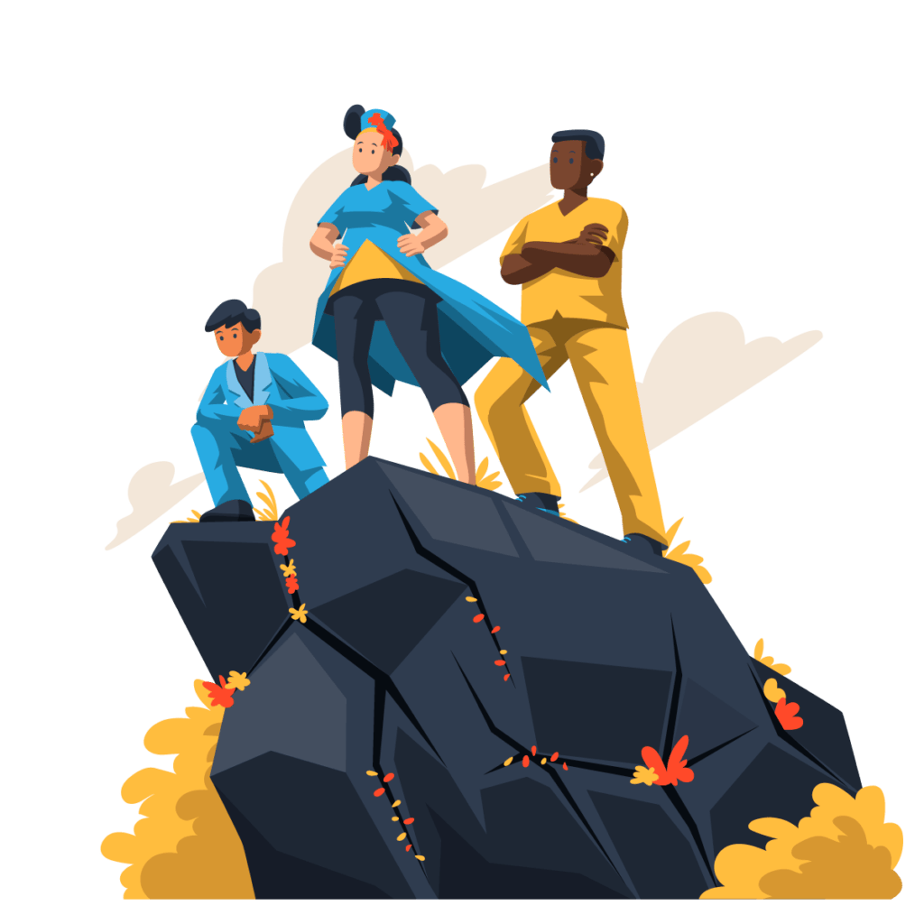 Diverse team on mountain peak, success concept illustration.
