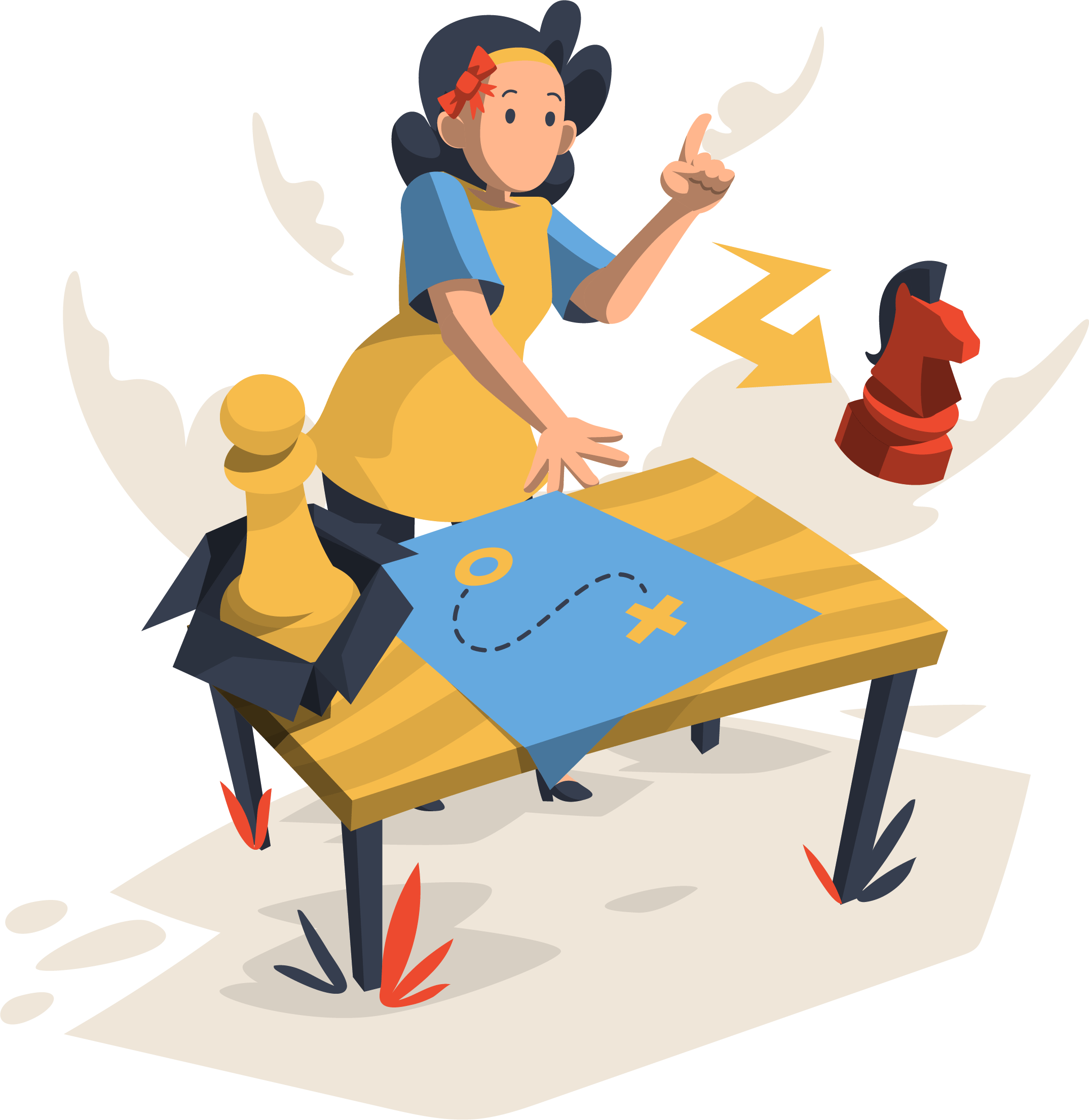 Animated person playing giant fantasy chess game.