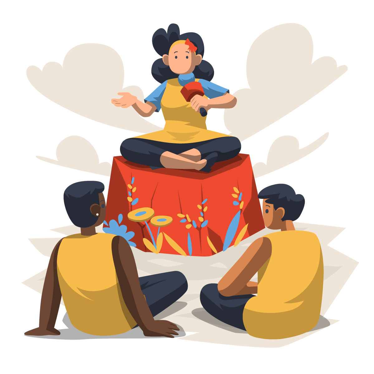 Storytelling session with children listening outdoors.
