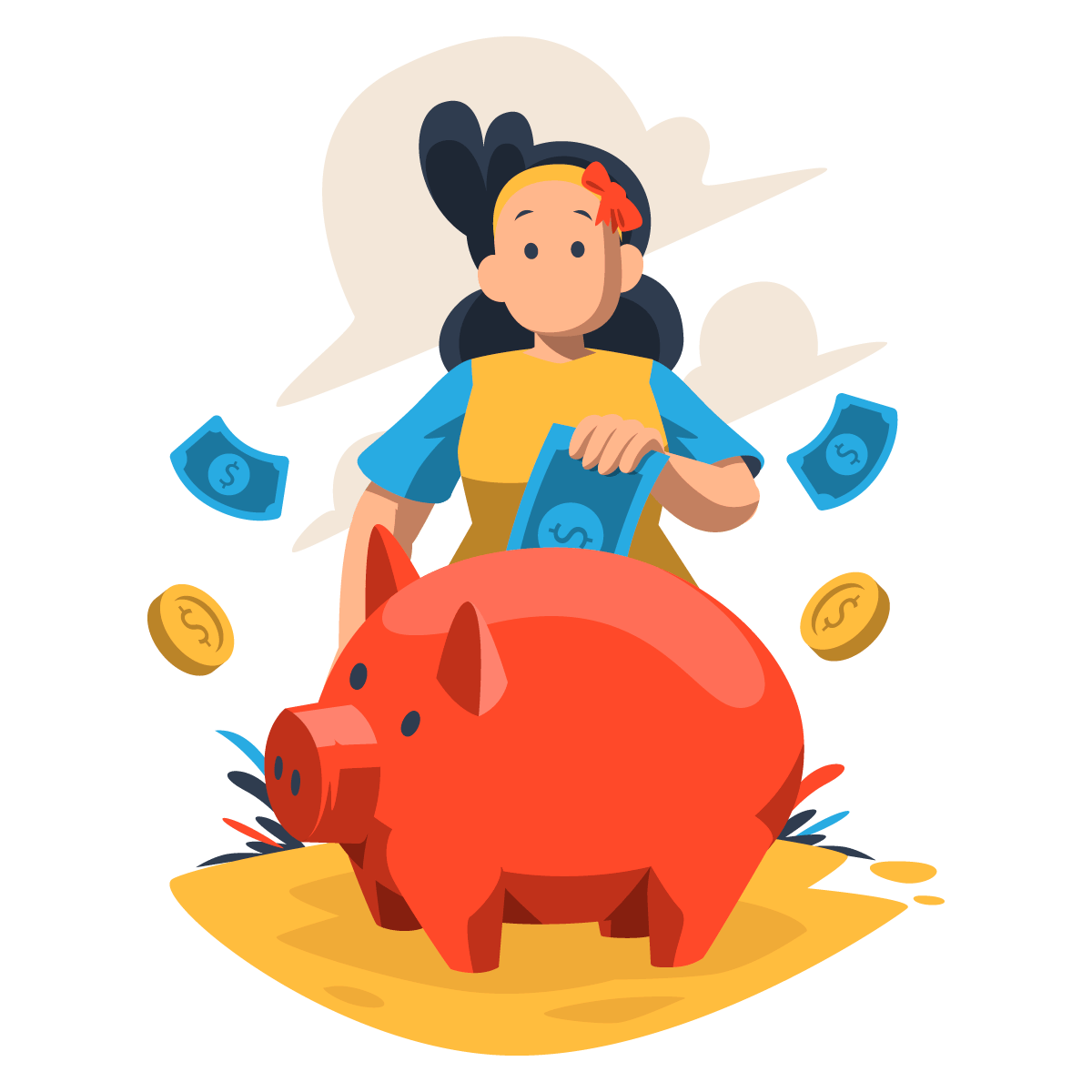 Cartoon girl saving money in piggy bank.
