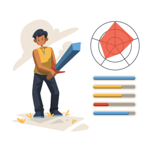 Man with pen, paper, books, and abstract diagram.